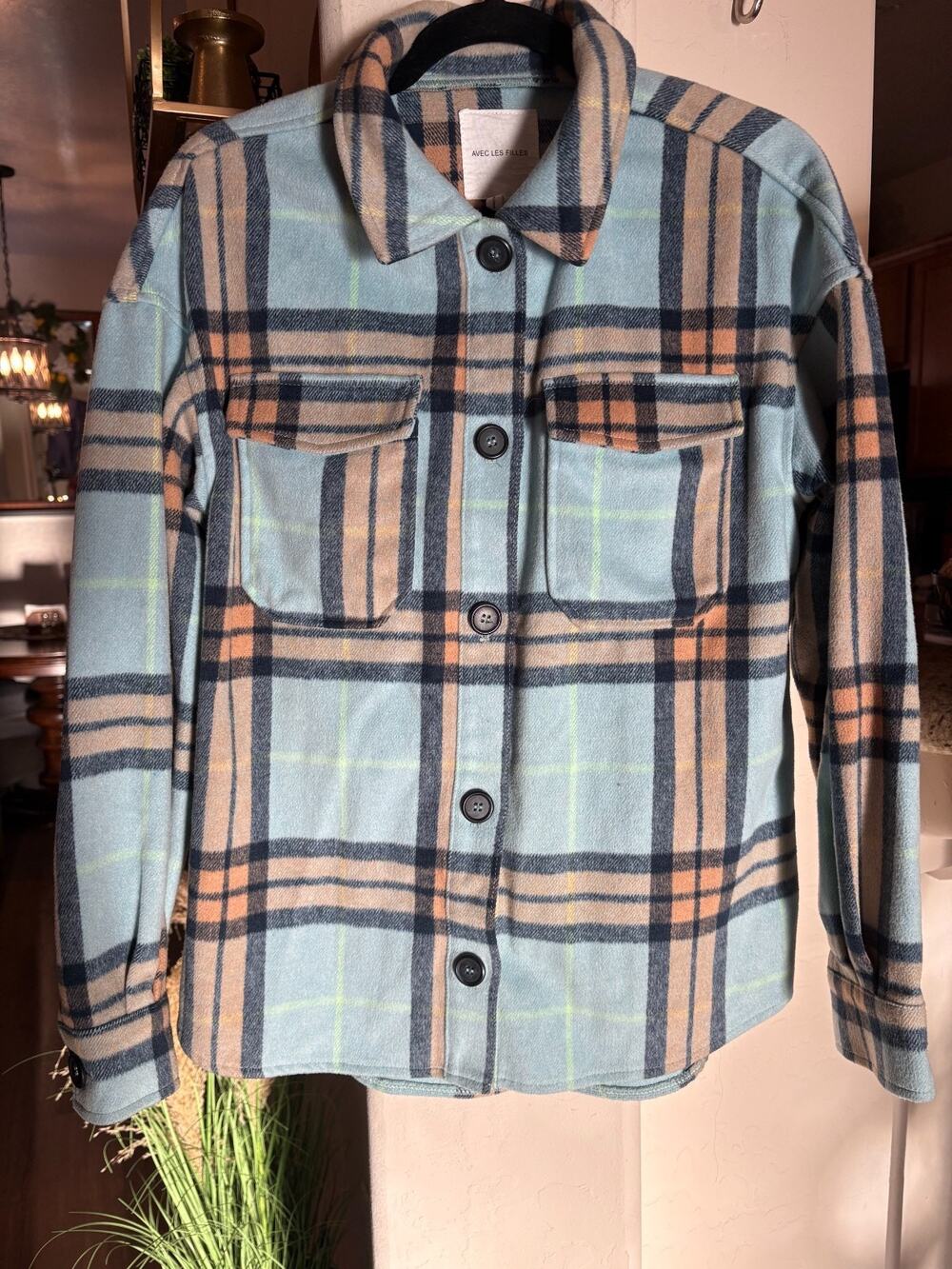 Avec Les Filles Anthropologie Oversized Plaid Fleece Shacket Blue/Tan Small 4-10